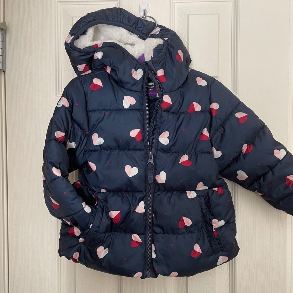 Toddler Girls Snow Puffy Coat Blue with Hearts